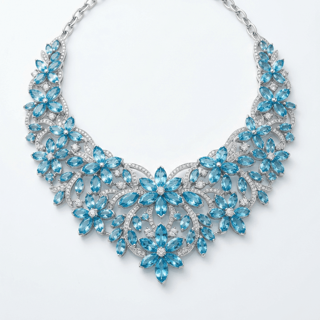 Celestial Bib Necklace — Aquamarine Edition by IVÊLO. Handcrafted Sterling Silver · Aquamarine. Serenity, clarity, ocean calm.