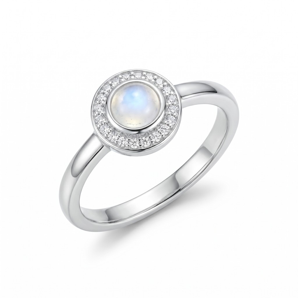 Celestial Halo Ring — Moonstone Edition by IVÊLO. Handcrafted Sterling Silver · Moonstone. Intuition, calm, inner light.